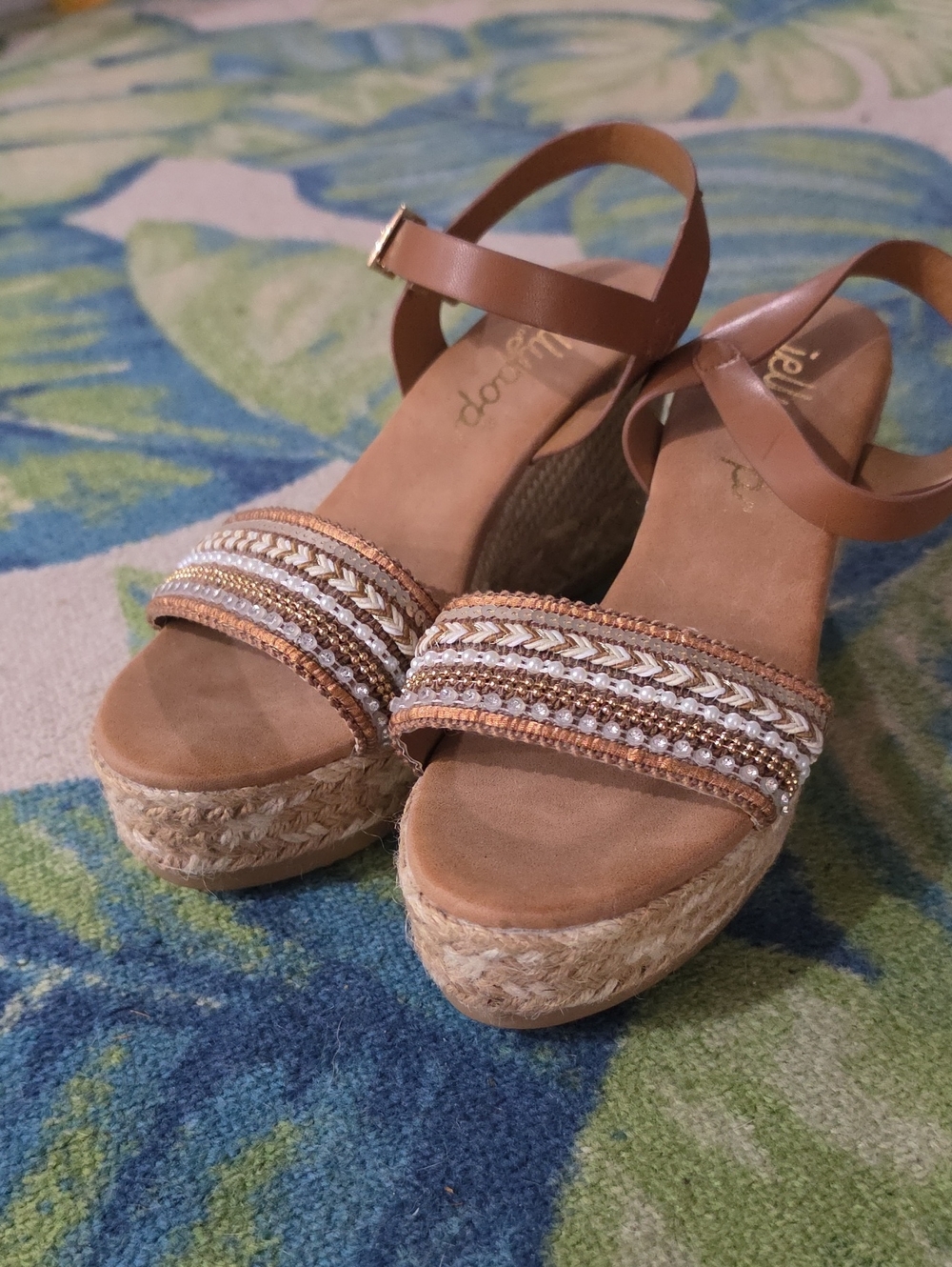 Jellypop Tan Braided Beaded Wedge Sandals